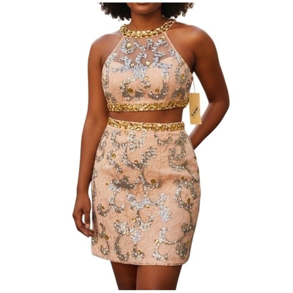 Partytime Womens 2 Piece Dress 12 Peach Rhinestones Beads Mini Party Prom Pagent